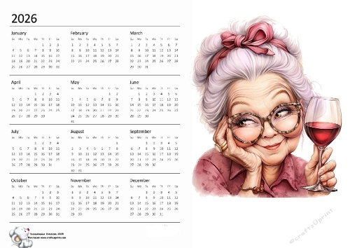 2026 calendar Old Lady with Wine 2