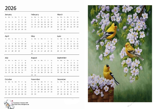 2026 calendar Yellow birds