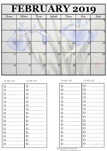 February Irises Calendar & To Do list