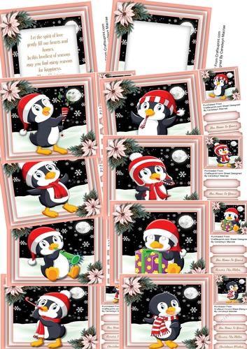 8, Card fronts , Happy Penguins in the Snow + 2 Inserts