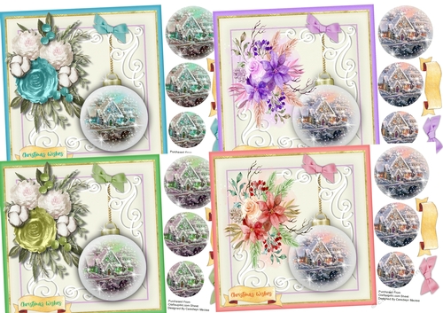 4, Beautiful Cottage Bauble card Fronts 