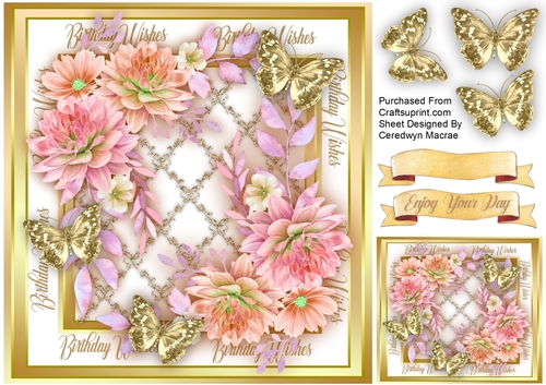 Pink Dahlias  and Gold   Butterflies