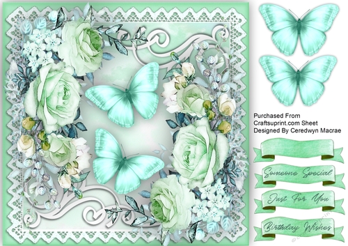 Aqua Green Roses and Butterflies