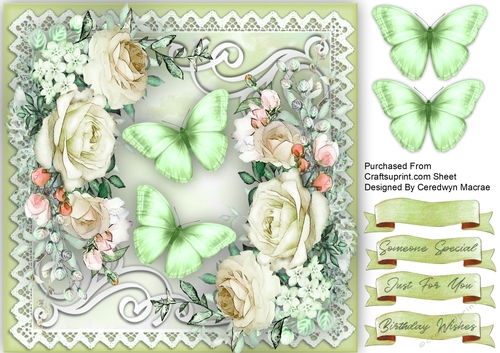 Pale Green  Roses and  Butterflies