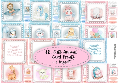 12, Cute Animal card Fronts + Inserts