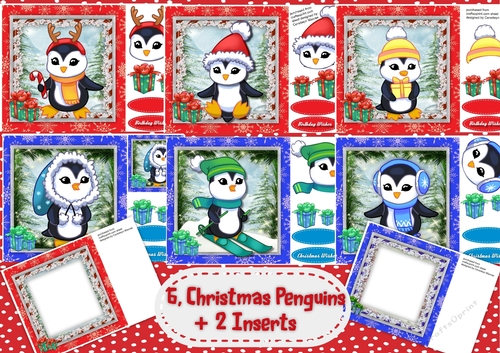 6, Christmas Penguins + 2 Blank Incerts