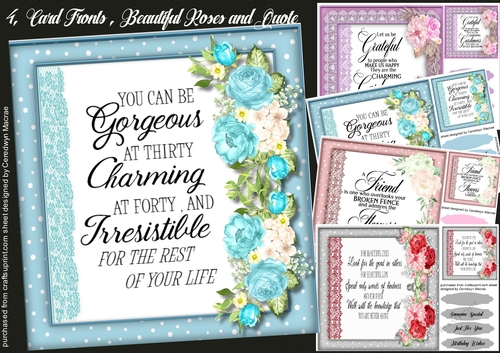 4, Card Fronts , Roses and Quote 