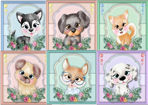  6 lovely card fronts , Pups in a Flowers Frame Cute 