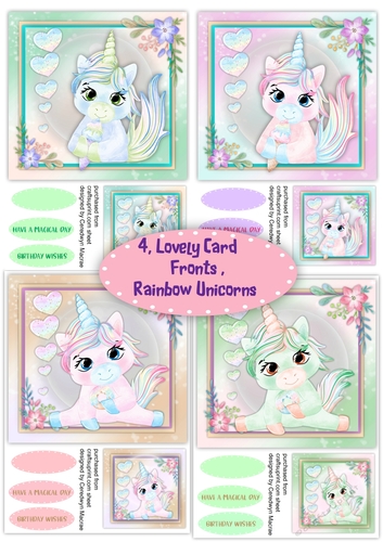 4 , Lovely card Fronts , Rainbow Unicorns