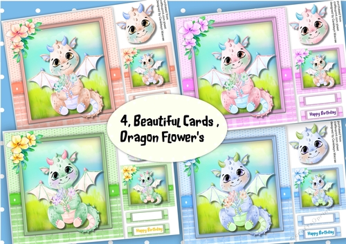 4, Beautiful Cards , Dragons Flowers 