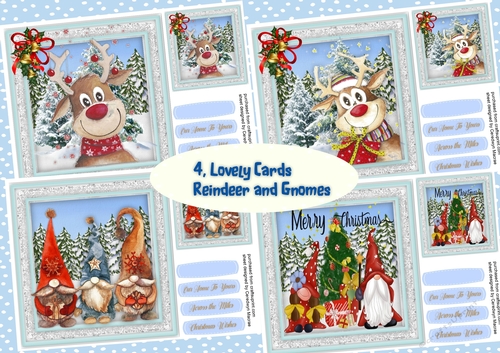 4, Lovely Cards , Reindeer and Gnome s