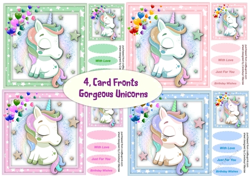 4, Card Fronts , Gorgeous Unicorns 