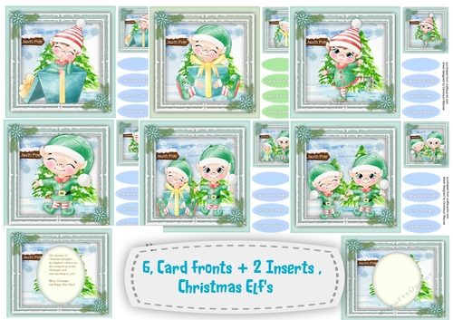 6. Card Fronts + 2 Inserts Christmas Elfs