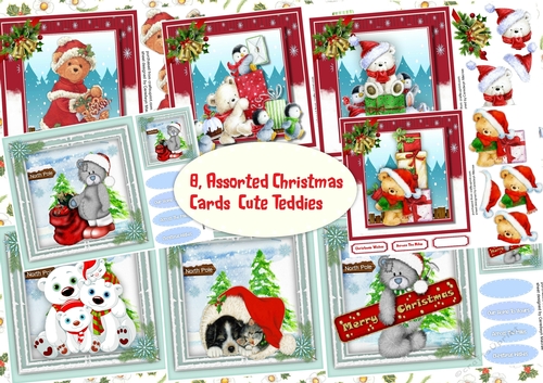 8, Assorted Christmas Cards , Cute Teddies