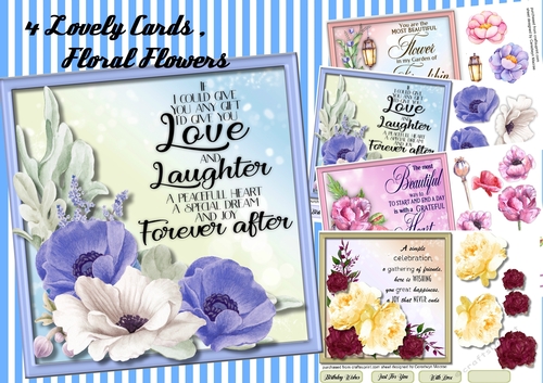 4, Lovely 7x7  Cards , Floral Flowers