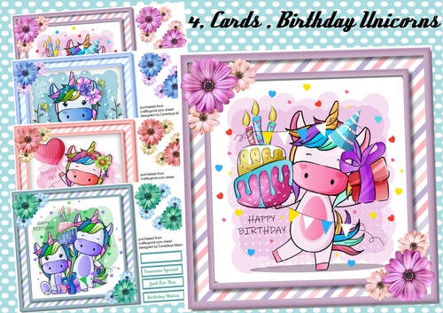 4, Cards , Birthday Unicorns