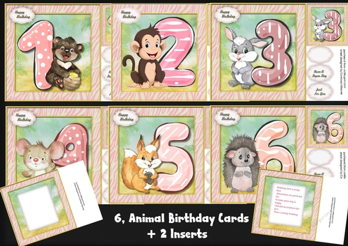 6, Animal Birthday Cards + 2 Inserts
