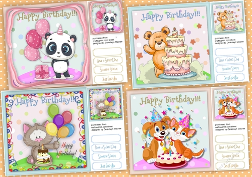 4, Lovely Happy Birthday Animal Cards 