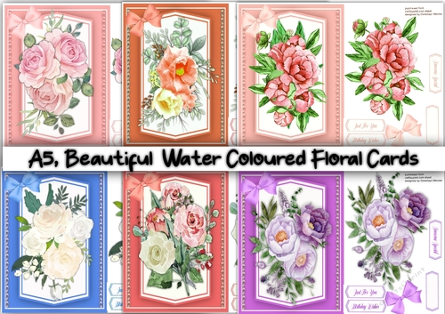 6, A5 Beautiful Water Coloured Floral Cards 