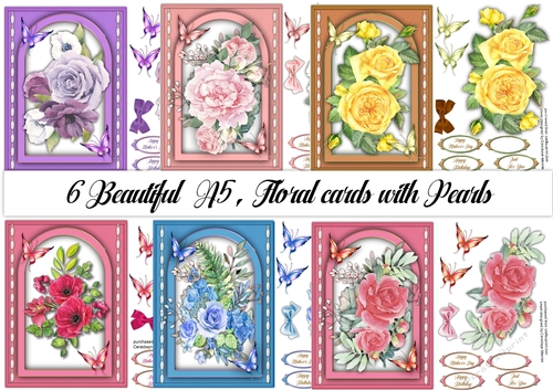 6, Beautiful A5 Floral Cards with Pearls