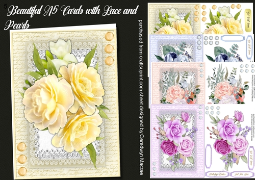 4, Beautiful A5 Cards With Lace and Pearls 