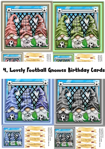 4, Lovely Football Gnomes Birthday Cards 
