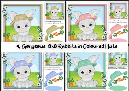 4, Gorgeous 8x8  Rabbits in Coloured Hats