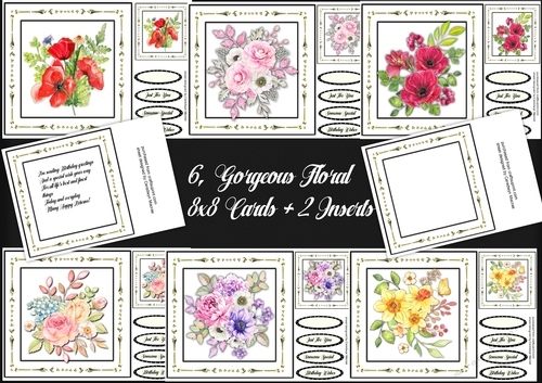 6,Gorgeous Floral 8x8 Cards +2 Inserts 