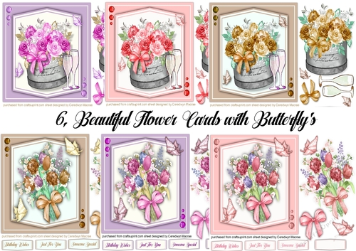 6, Beautiful Flower Cards with Butterflys