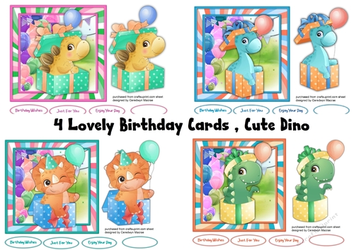 4, Lovely Birthday Cards , Cute Dino 