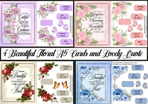 4, Beautiful Floral A5 Cards with Quote 