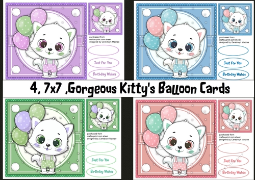 4, 7x7 Gorgeous Kittys Ballon Cards