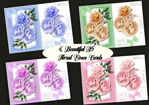 4, Beautiful A5 Floral Rose cards 