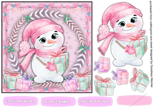 Gorgeous Pink Happy Snowman  7x7 