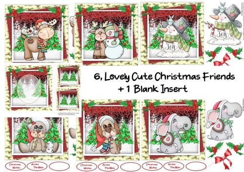6, Lovely Cute Christmas Friends + 1 Blank Insert