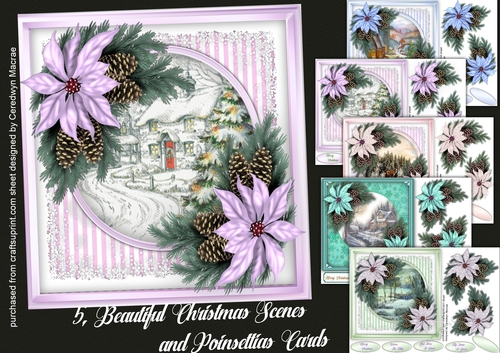 5, Beautiful Christmas Scenes with Poinsettia Cards 