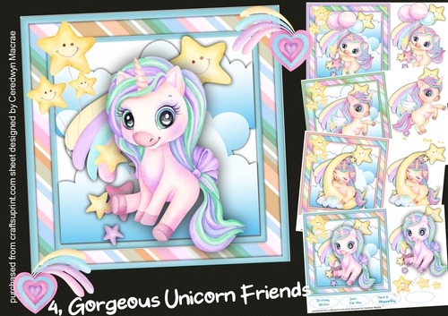 4, Gorgeous Unicorn Friend cards 