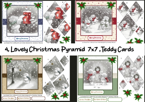 4, Lovely Christmas Pyranid Teddy Cards