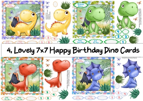 4,Lovely 7x7 Birthday Dino Cards 