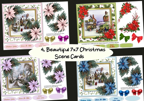 4, Beautiful 7x7 Christmas Scene cards 