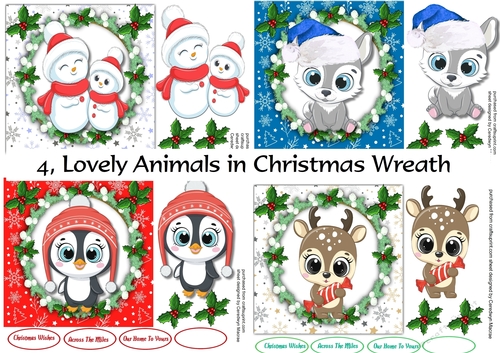 4, Lovely Animals in a Christmas Wreath