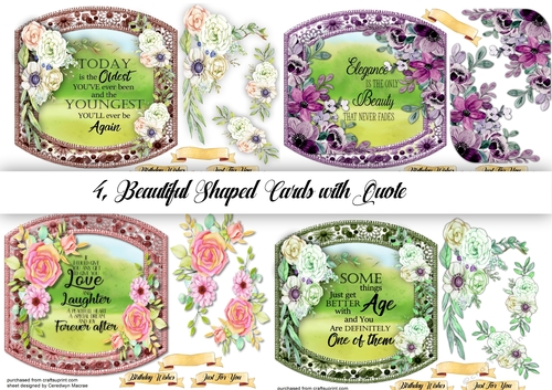 4, Beautiful  Shaped Cards with Quote