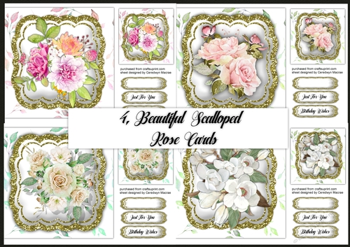 4, Beautiful Scalloped Rose Cards