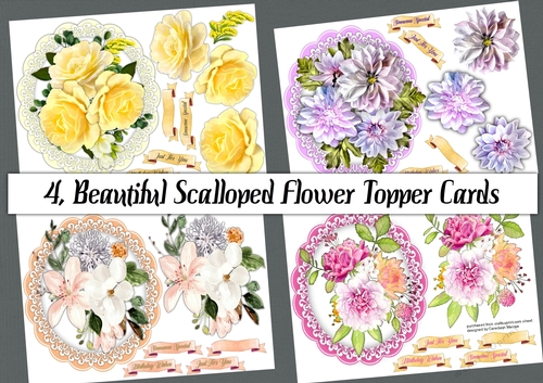 4, Beautiful Scalloped Flower Topper Cards 