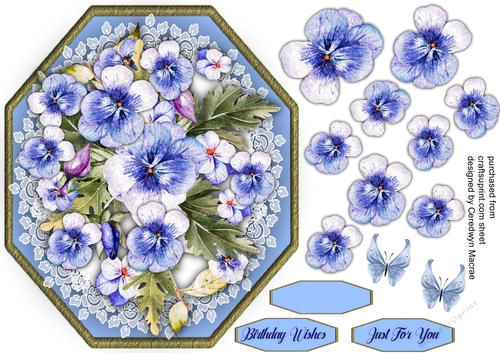 Beautiful Blue Pansys on lace 
