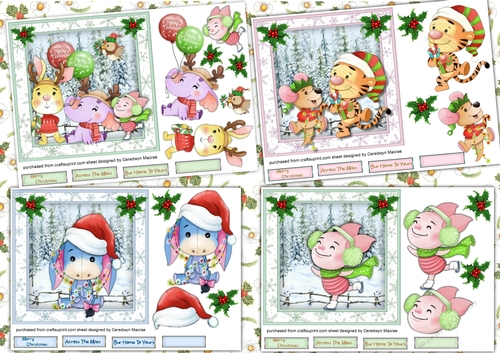 4, Lovely 7x7 Pooh and Friends Cards 