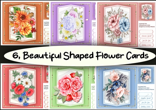 6, Beautiful Shaped Flower Cards
