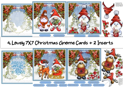 4, Lovely 7x7 Christmas Gnome Cards + 2 Inserts
