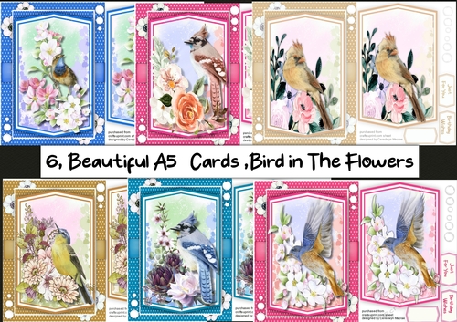 6, Beautiful A5 Cards , Bird in the Flowers 