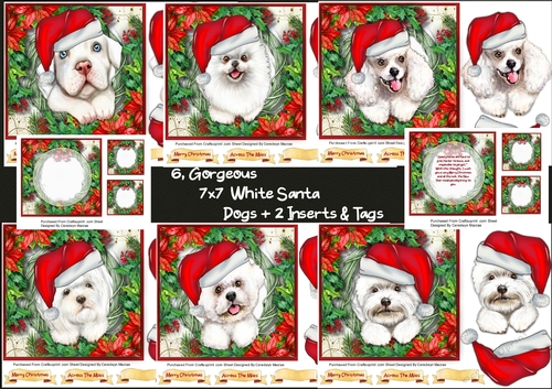 6, Gorgeous 7x7 White Santa Dogs + 2 inserts and tags 